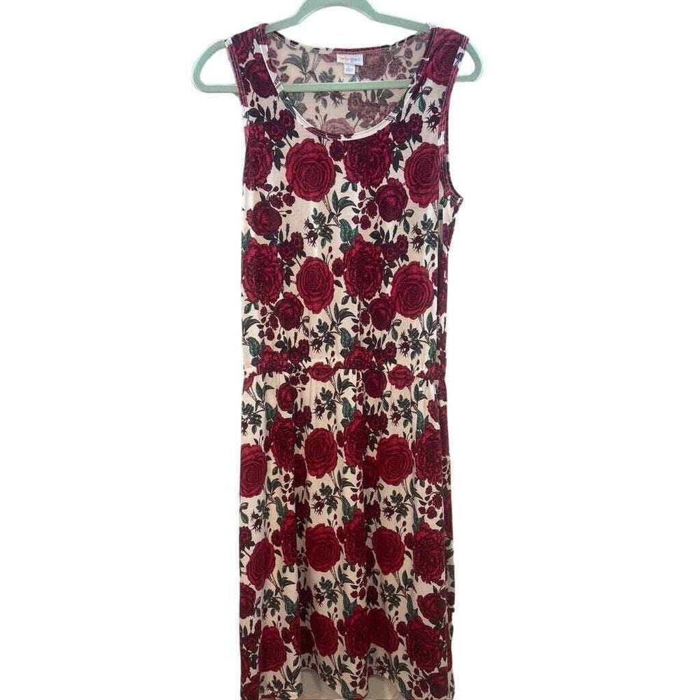 LULAROE WOMENS LARGE ROSE PRINT MIDI TANK DRESS ELASTIC WAIST